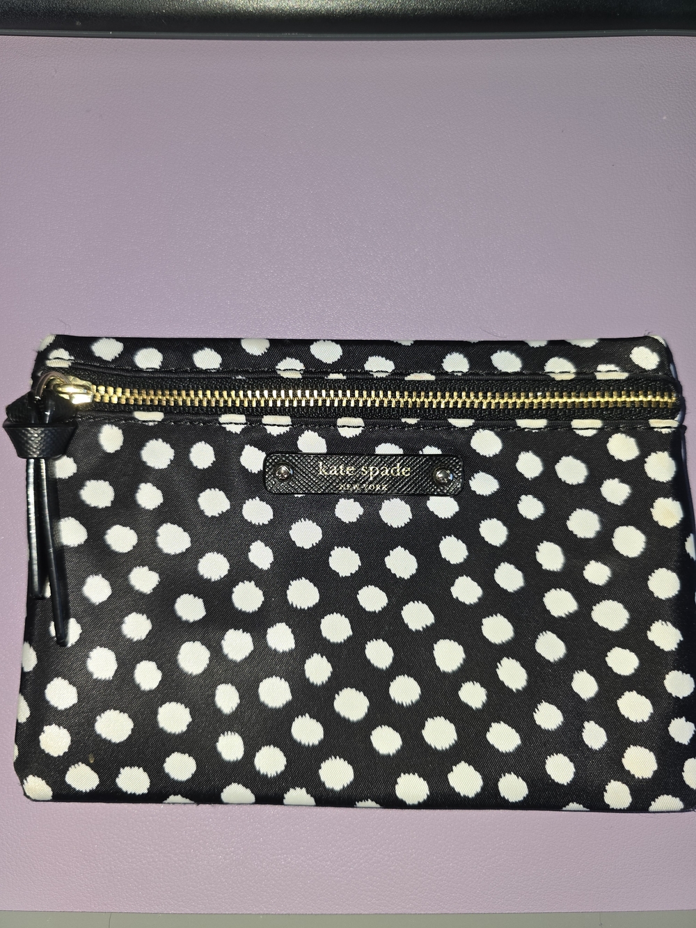 kate spade Black and White Polka Dot Zip Wristlet with Gold Hardware, Like New